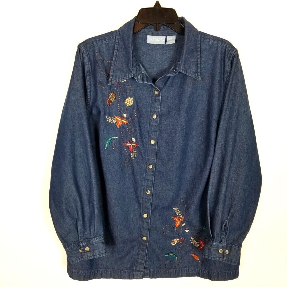 Liz & Me Women Plus Embroidered Denim Button Down Shirt Sz 1X‎ Blue Long Sleeve